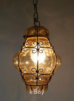 Vtg Venetian Murano Hand Blown Caged Glass Lantern Hanging Ceiling