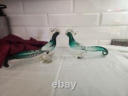 1 set of 2 Vintage Salviati Murano Art Glass Green & Gold Pheasant Birds