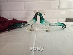 1 set of 2 Vintage Salviati Murano Art Glass Green & Gold Pheasant Birds