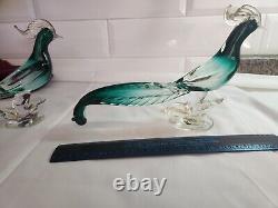 1 set of 2 Vintage Salviati Murano Art Glass Green & Gold Pheasant Birds