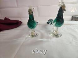 1 set of 2 Vintage Salviati Murano Art Glass Green & Gold Pheasant Birds