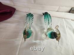 1 set of 2 Vintage Salviati Murano Art Glass Green & Gold Pheasant Birds