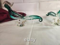 1 set of 2 Vintage Salviati Murano Art Glass Green & Gold Pheasant Birds