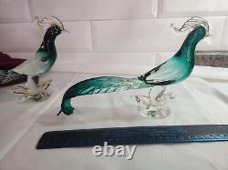 1 set of 2 Vintage Salviati Murano Art Glass Green & Gold Pheasant Birds