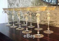 10 HUGE Vintage SALVIATI Moser Enamel Murano Glass Italian Gold Stem Goblets