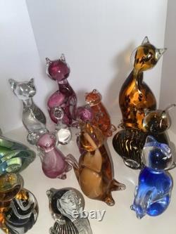 13 Vintage Modern Art Glass Cat Figurine Lot. 13 Glass Cats Murano Viking