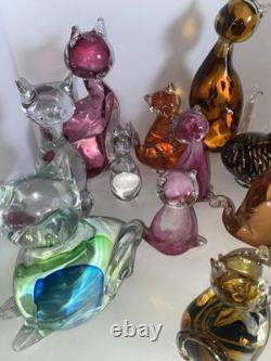 13 Vintage Modern Art Glass Cat Figurine Lot. 13 Glass Cats Murano Viking