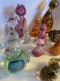 13 Vintage Modern Art Glass Cat Figurine Lot. 13 Glass Cats Murano Viking