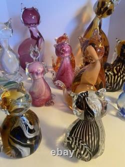 13 Vintage Modern Art Glass Cat Figurine Lot. 13 Glass Cats Murano Viking
