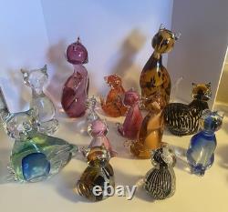 13 Vintage Modern Art Glass Cat Figurine Lot. 13 Glass Cats Murano Viking