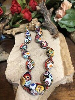 18. Vtg Brass tone Venetian Murano Millefiori Oval Glass Beaded Knotted Necklace