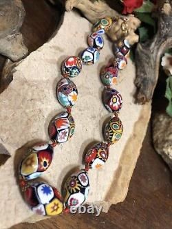 18. Vtg Brass tone Venetian Murano Millefiori Oval Glass Beaded Knotted Necklace