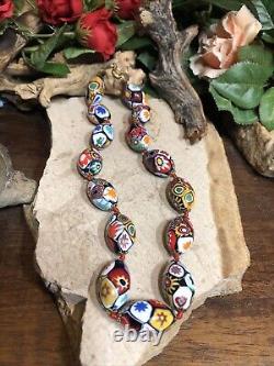 18. Vtg Brass tone Venetian Murano Millefiori Oval Glass Beaded Knotted Necklace