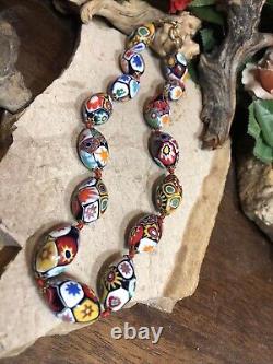 18. Vtg Brass tone Venetian Murano Millefiori Oval Glass Beaded Knotted Necklace