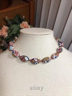 18. Vtg Brass tone Venetian Murano Millefiori Oval Glass Beaded Knotted Necklace