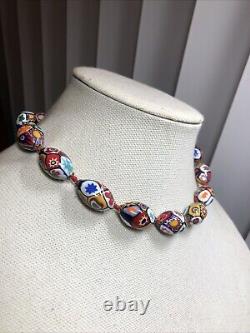 18. Vtg Brass tone Venetian Murano Millefiori Oval Glass Beaded Knotted Necklace