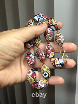 18. Vtg Brass tone Venetian Murano Millefiori Oval Glass Beaded Knotted Necklace