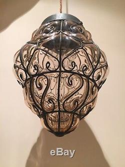 1930's Antique Hall Light Pink Murano Caged Glass Copper Gallery Vintage