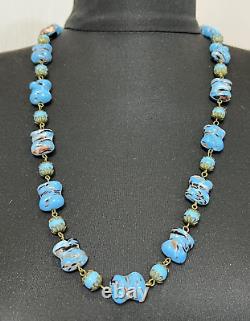 1940s Vintage Venetian Murano Cushion Glass Beads Blue & Aventurine Necklace