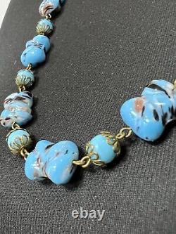 1940s Vintage Venetian Murano Cushion Glass Beads Blue & Aventurine Necklace