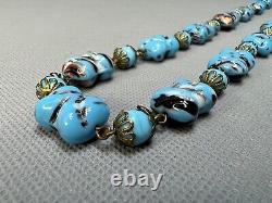 1940s Vintage Venetian Murano Cushion Glass Beads Blue & Aventurine Necklace