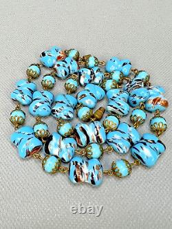 1940s Vintage Venetian Murano Cushion Glass Beads Blue & Aventurine Necklace