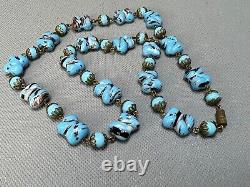 1940s Vintage Venetian Murano Cushion Glass Beads Blue & Aventurine Necklace