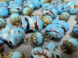 1940s Vintage Venetian Murano Cushion Glass Beads Blue & Aventurine Necklace