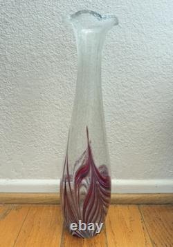 1950 Vintage Abstract Murano Pulegoso Red Blue Feathered Glass Vase 14.25 Sign
