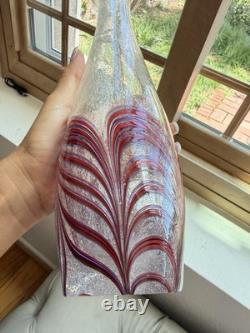 1950 Vintage Abstract Murano Pulegoso Red Blue Feathered Glass Vase 14.25 Sign