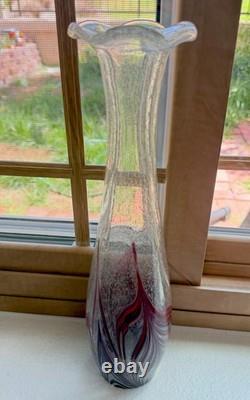 1950 Vintage Abstract Murano Pulegoso Red Blue Feathered Glass Vase 14.25 Sign