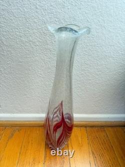 1950 Vintage Abstract Murano Pulegoso Red Blue Feathered Glass Vase 14.25 Sign
