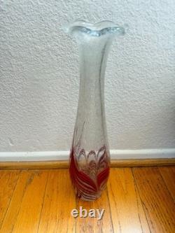 1950 Vintage Abstract Murano Pulegoso Red Blue Feathered Glass Vase 14.25 Sign