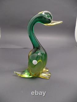 1960s Vintage Murano Glass Green/Amber 8 Duck Figurine With Label