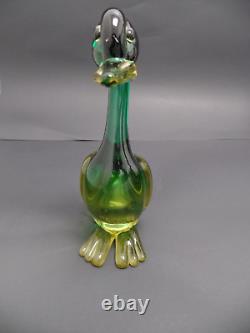 1960s Vintage Murano Glass Green/Amber 8 Duck Figurine With Label