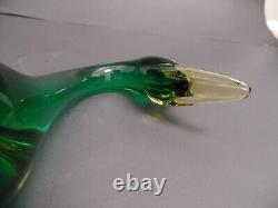 1960s Vintage Murano Glass Green/Amber 8 Duck Figurine With Label