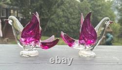 2 Beautiful Vintage Murano Style Art Purple Glass Love Birds 1 1/2 Sculpture