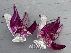 2 Beautiful Vintage Murano Style Art Purple Glass Love Birds 1 1/2 Sculpture