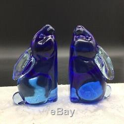 2 Murano Vintage Cobalt Blue Clear Art Glass Bunny Rabbit Animal Bookend Figures