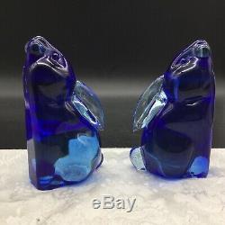 2 Murano Vintage Cobalt Blue Clear Art Glass Bunny Rabbit Animal Bookend Figures
