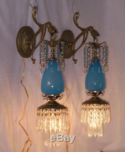 2 Sconce lamp Murano Turquoise Blue Opaline Glass Bronze Brass crystal Vintage