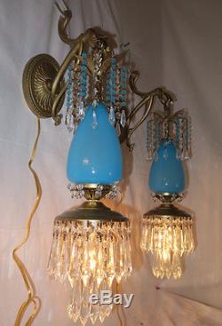 2 Sconce lamp Murano Turquoise Blue Opaline Glass Bronze Brass crystal Vintage