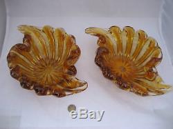 2 Vintage 1950's Signed MURANO ITALY Amber Bubble Clam Seashell Art Glass Bowls