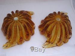 2 Vintage 1950's Signed MURANO ITALY Amber Bubble Clam Seashell Art Glass Bowls