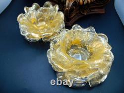 2 Vintage Murano Archimede Seguso GOLD Glass FLORIFORM TEALIGHT HOLDER ROSE BOWL