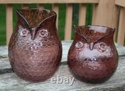 2 Vintage Murano Art Glass Owl Vase Purple Honeycomb Decor 14.5 Tall
