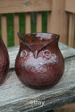 2 Vintage Murano Art Glass Owl Vase Purple Honeycomb Decor 14.5 Tall