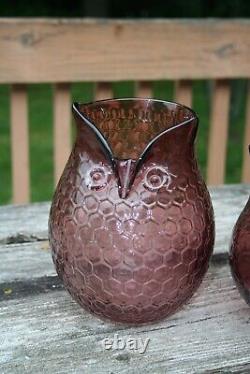 2 Vintage Murano Art Glass Owl Vase Purple Honeycomb Decor 14.5 Tall