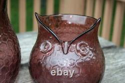 2 Vintage Murano Art Glass Owl Vase Purple Honeycomb Decor 14.5 Tall