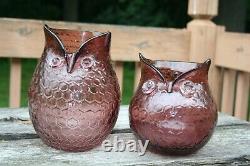 2 Vintage Murano Art Glass Owl Vase Purple Honeycomb Decor 14.5 Tall